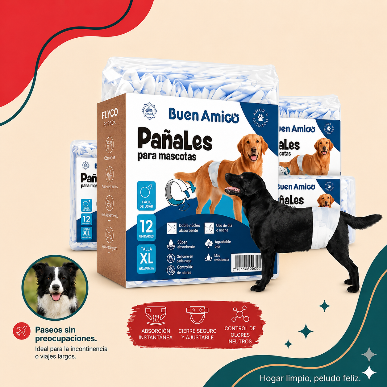 Pañales Mascotas Machos Buen Amigo XL - 12 Unid. (85x20cm)