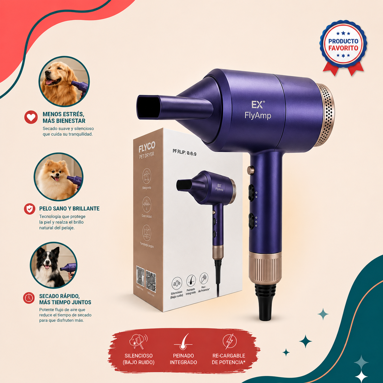 Secador Profesional Silencioso "PetSpa FlyAmp" 2 en 1 para Mascotas