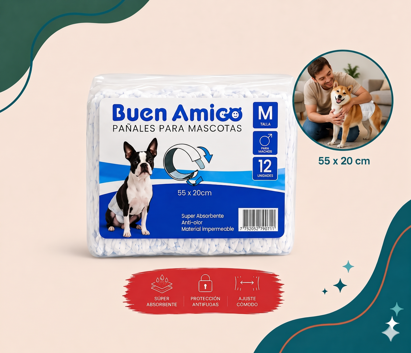 Pañales Desechables Alta Absorción para Perros Machos – Talla M (12u)
