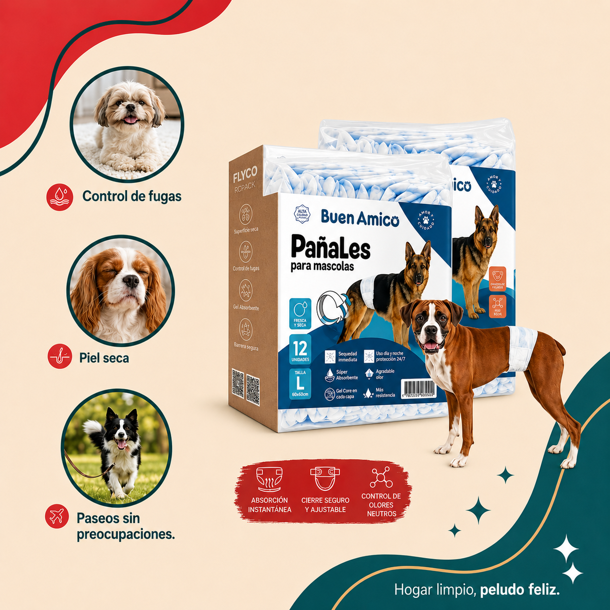 Pañales Desechables para Mascotas Machos Buen Amigo Talla L - 12 Unidades (65x20 cm)